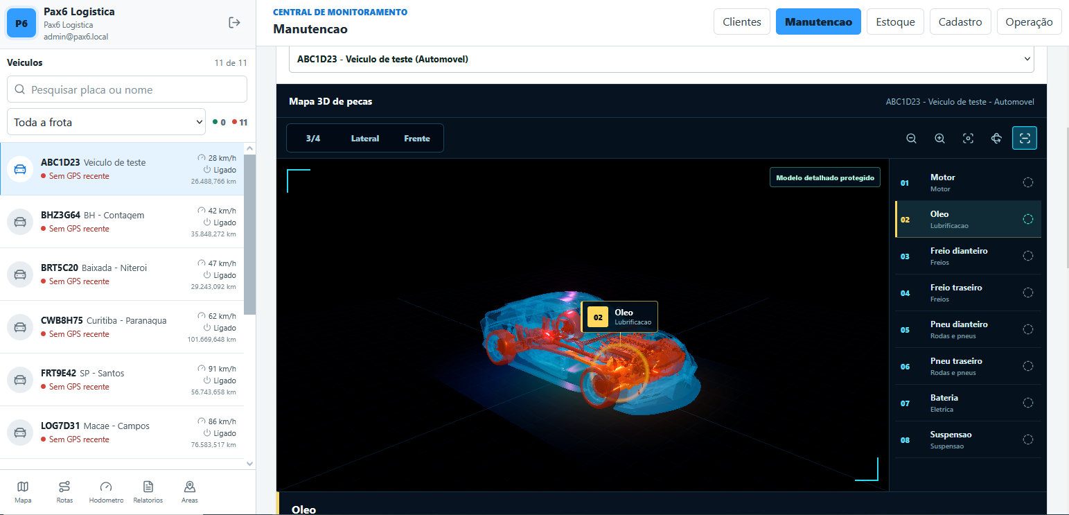 Central de monitoramento de veículos com módulo de manutenção e mapa 3D de componentes